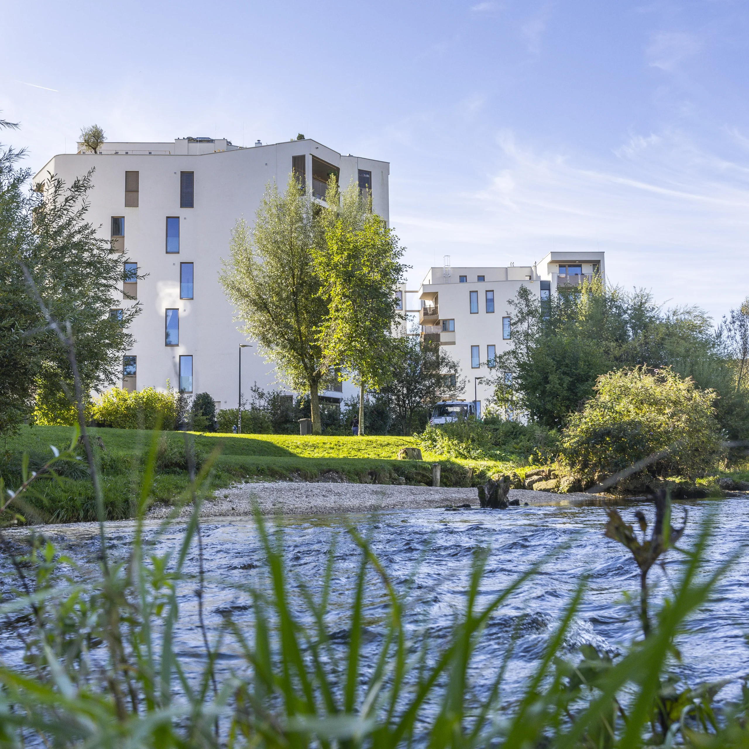 Wohnungen im Gailenbachweg mit schöner begründer Fläche mit Bäumen, Wiesen, Büschen und einem Fluss